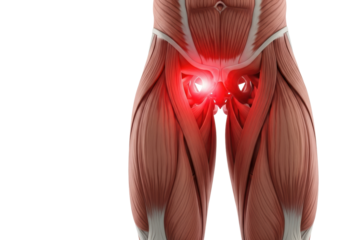 highly detailed anatomical model of the male muscular system from the hip to the waist, featuring a clinical red texture. crimson glow emphasizes acute injury, diagnostic visualization concept