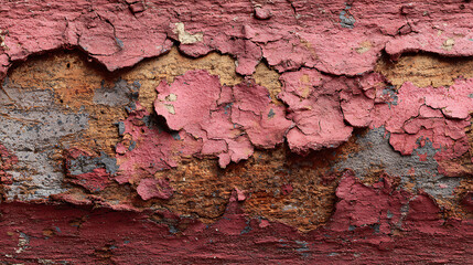 Peeling pink and brown paint on a textured surface
