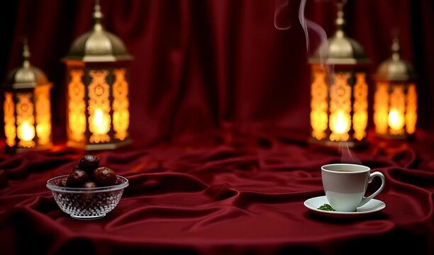 A festive table with hanging lanterns and hanging lights, red tablecloths pooling around cups of tea and plates of sweets; joyful chatter and warm radiance fill the room; 4K and HD Video