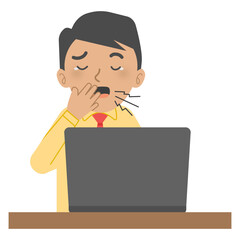 Vector illustration of a man (male employee) yawning while working on laptiop