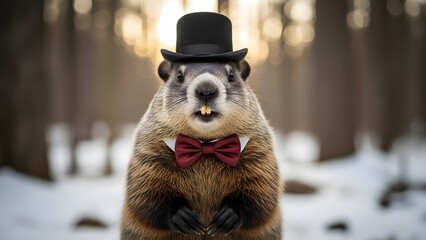 Groundhog day celebration with stylish furry friend predicting spring arrival