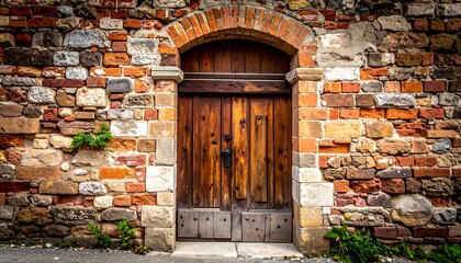 Fototapeta premium A wooden door set within a rustic stone wall