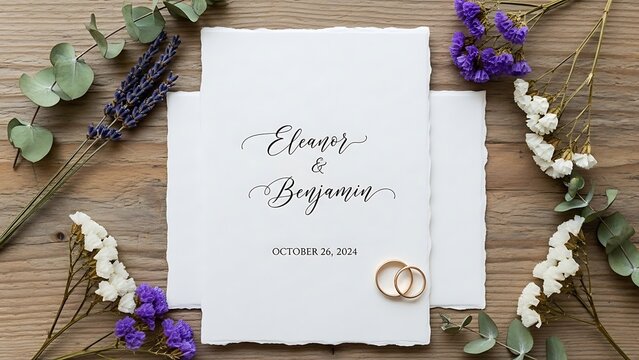Wedding Invitation with Rings on Wooden Table.