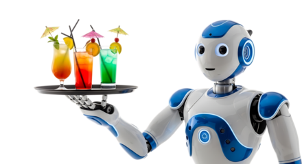 Robot serving colorful cocktails on a tray transparent