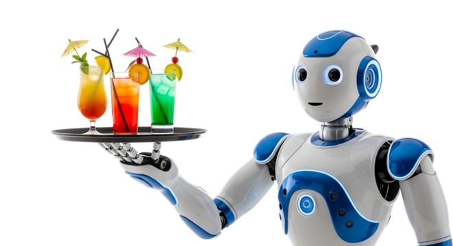 Robot serving colorful cocktails on a tray transparent - Powered by Adobe