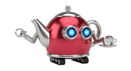 Red robot teapot with blue eyes holding a cup of coffee transparent