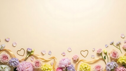 Elegant pastel flower border with golden ribbon and heart on light beige