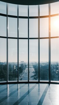 Modern office interior with panoramic city view at sunrise
