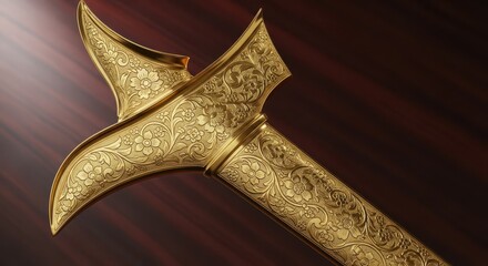 Ornate golden keris axe head displays intricate floral engraving against a dark background