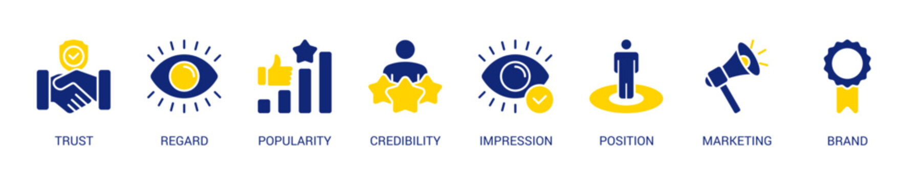 Reputation Management Solid Blue Yellow Color Icon Set For Web Banner. Vector Illustration Concept With Some Icons. Designed In Line Color Style