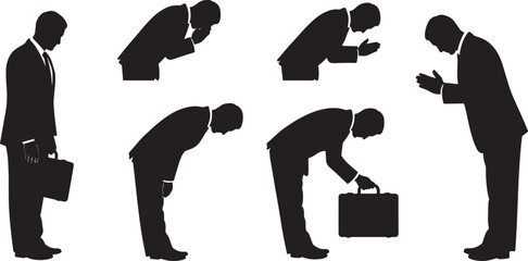 Black Solid Businessman Bowing Silhouettes Set of Six on White Background
