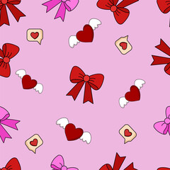 Seamless Valentine&rsquo;s Day pattern featuring cute red hearts with wings, romantic bows, love chat icons, and decorative ribbons on a soft pink background.