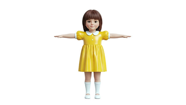 3D rendered cartoon girl in yellow dress with arms outstretched