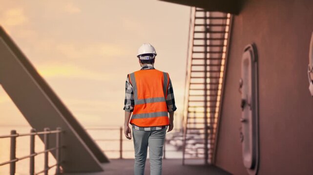 Back of Asian Male Engineer Walking at the Deck of a Large LNG Tanker or Offshore Energy Platform at Sunset