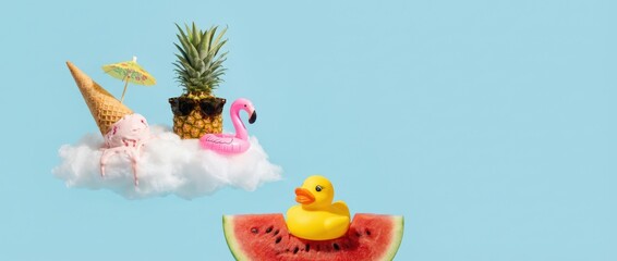 Fototapeta premium Summer fun activities featuring colorful pool floats fruits and ice cream vibrant beach environment whimsical perspective celebrating leisure and joy