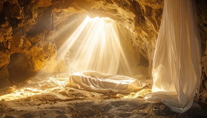 Radiant light streams into an empty tomb revealing discarded burial cloths in a powerful scene.