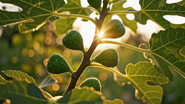 Ripe green figs grow on a leafy branch of a healthy tree in a sunny summer garden, showcasing fresh organic agriculture and nature&rsquo;s autumn food harvest