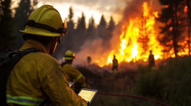 Firefighters battle wildfire blaze forest region action scene dramatic environment ground level view nature conservation efforts