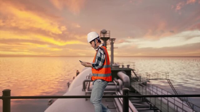 Side View of Asian Male Engineer Use Smartphone While Walking at the Deck of a Large LNG Tanker or Offshore Energy Platform at Sunset