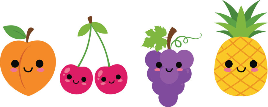 Cute kawaii fruit characters vector set with smiling peach cherry grapes pineapple illustrations for kids