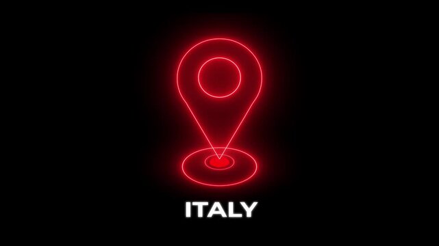 Neon red location pin icon above the word ITALY on a black background.Place search and direction icon. Modern Kingston country map marker design.