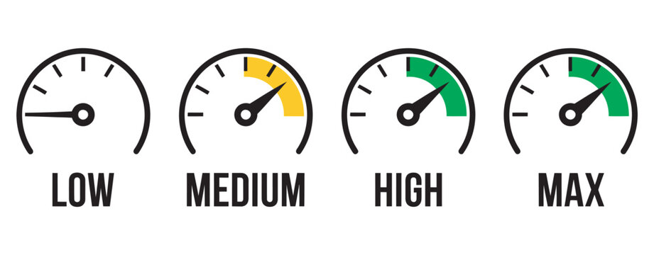 Analog speed level indicators set, vector dashboard gauges, low medium high max indicators, colorful infographic dials, power energy performance, editable illustration, isolated, modern vector design