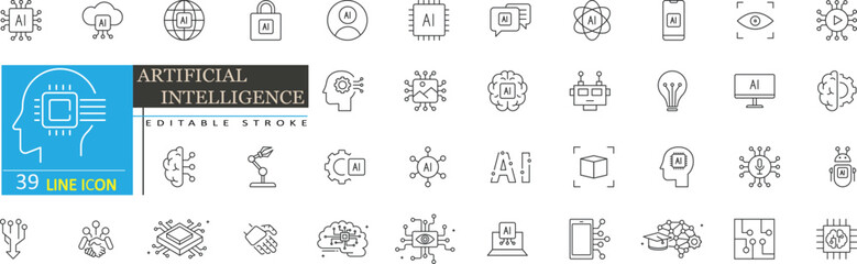 Artificial Intelligence Line Icons Set. AI Technology, Machine Learning, Automation & Editable Stroke. Vector