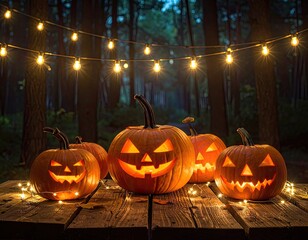 Fototapeta premium Illuminated Jack-o'-lanterns glowing on a rustic wooden table in a dark forest setting.