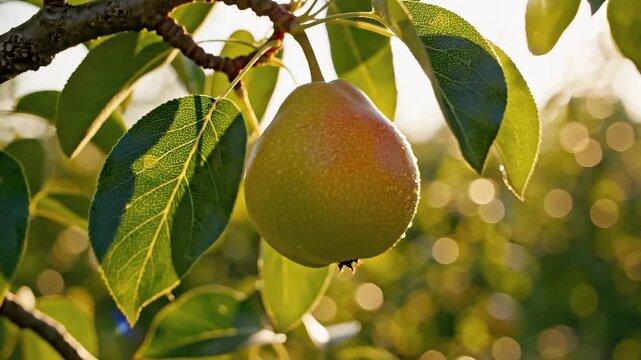 A closeup of a fresh green pear hanging from a leafy branch in a sunny organic orchard garden, showcasing ripe healthy fruit ready for harvest in the summer nature
