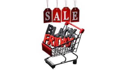 Red shopping cart with black friday sale text above it on a white surface with a handle visible no background