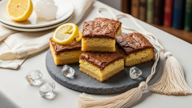 Four squares of lemon drizzle cake stacked on a dark stone serving board with lemon slice and ice cubes