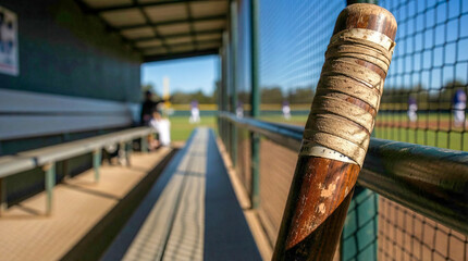 Baseball Bat Leaning in Dugout with Players in Background