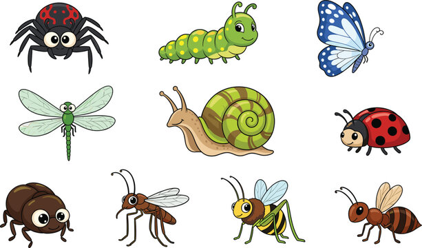 Cute cartoon insect characters vector set with butterfly, snail, spider, caterpillar, ladybug, ant, and dragonfly illustration