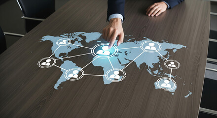 Businessman interacting with global network of people on a digital map interface