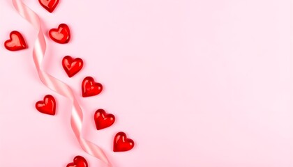 A cascade of red hearts and a satin ribbon against a soft pink background, celebrating valentine's day and the essence of love