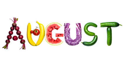 August is spelled out with colorful textured letters in a word art image against a white background png with transparency