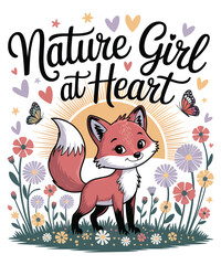 Cute Fox Nature Girl Heart Flowers Butterflies Kids Gift A Illustration T-shirt Design