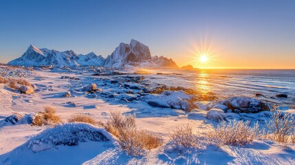 Stunning Sunrise over Snowy Mountain Landscape with Orange Glow and Clear Blue Sky in Winter Scenery