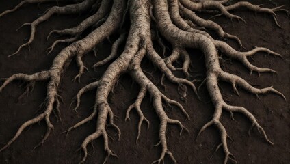 Fototapeta premium Intricate Network of Tree Roots Spreading Through Dark Soil.