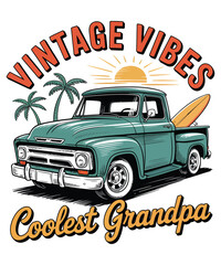 Vintage Truck Surfboard Palm Trees Sunset Coolest Grandpa Summer Beach A Illustration T-shirt Design