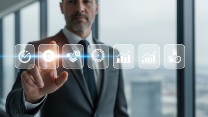 Savvy, experienced, and modern professional Caucasian businessman executive actively touching a glowing gear icon on an illuminated translucent digital holographic interface, showcasing a progressive