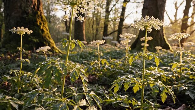 White umbels of flowering plants rising above lush green groundcover in a sunlit forest