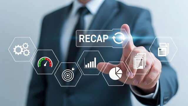 Businessman touching screen with recap button and business icons image - Powered by Adobe