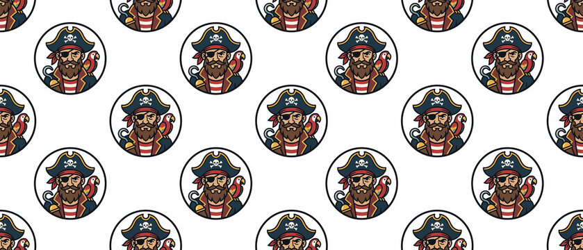 Pirate Character Seamless Pattern Cartoon Buccaneer Illustration on White Background