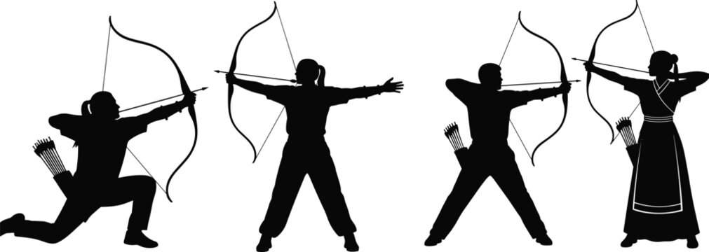 Set of Silhouettes Depicting Ancient Asian Archers and Female Warriors with Recurve Bows in Traditional Attire Practicing Kyudo Martial Arts and Historical Combat