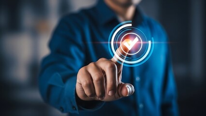 Man touching digital checkmark on futuristic interface with blue glow technology