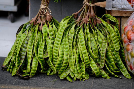 Bunch of freshly harvested stinky beans in Indonesian wet market