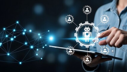 Person touching tablet screen with glowing robot and network graphic technology artificial intelligence