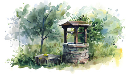 flat watercolor illustration old stone well