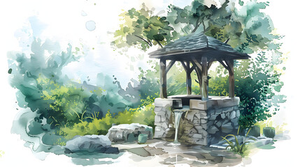 flat watercolor illustration old stone well